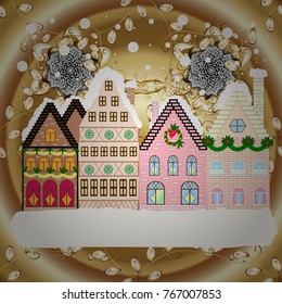 Village in Christmas, banner on background with snow and snowflakes. Greeting card. Vector illustration.