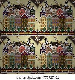Village in Christmas, banner on background with snow and snowflakes. Greeting card. Vector illustration.