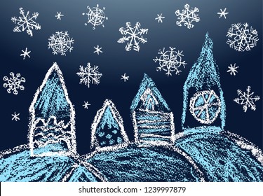 Village christmas landscape in snowfall. Like kids hand drawn crayon or pencil house in falling snowflakes. City town like child's drawing doodle cozy hut. Vector holiday night winter background style