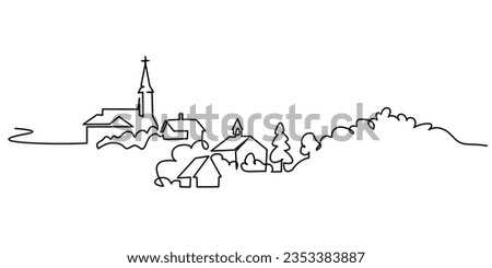 Village with church. Continuous one line art drawing style. Landscape of small country. Black linear sketch isolated on white background. Vector illustration