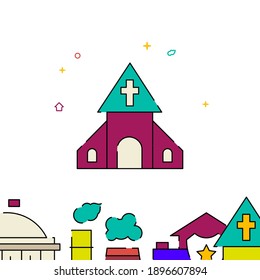 Village church filled line vector icon, simple illustration, building, house related bottom border.