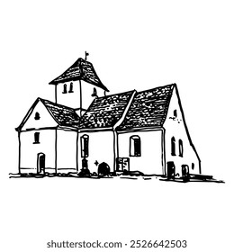 Village church in Gostemitz, Saxony, Germany. Architectural monument. Hand drawn linear doodle rough sketch. Black and white silhouette.