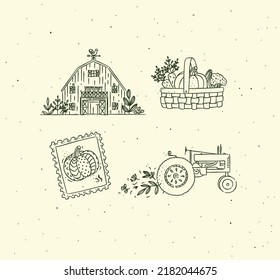 Village collection of icons barn, vegetable basket, stamp, tractor drawing in graphic style on beige background