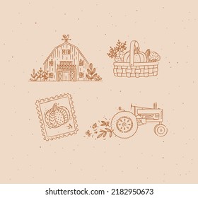 Village collection of icons barn, vegetable basket, stamp, tractor drawing in graphic style on peach background