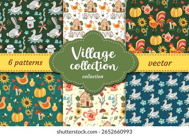 Village Collection seamless vector patterns with cozy countryside animals, pumpkins, sunflowers, mushrooms, houses and garden elements. Perfect for prints, kids decor, stickers and fabric.