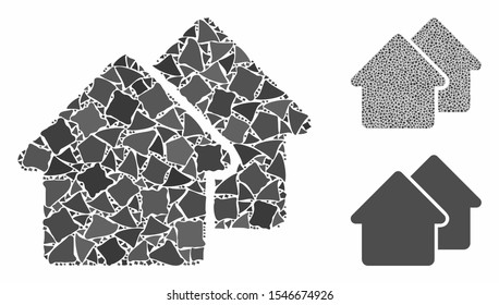 Village composition of tuberous items in various sizes and color tones, based on village icon. Vector unequal parts are combined into composition. Village icons collage with dotted pattern.