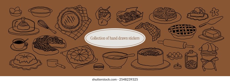 Village Cooking Collection. Hand drawn vector line doodles such as a pies, rolling pins, and baking tools. Ink chalk elements for recipe books, menus, cozy kitchen decor in sketch style.
