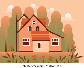 Village cottage and autumn forest. Cute simple vector illustration of cozy house near with trees, flowers, leaves, berries. Rural landscape. Hello autumn. Cartoon background. Flat Design.