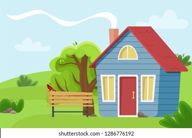 Village cottage in the field. Flat vector illustration.
Countryside landscape.