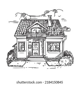 Village Cottage. Sketch. Engraving Style. Vector Illustration.