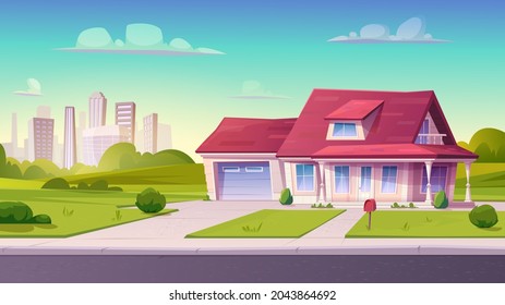 Village or country street with suburban house, residential cottage, exterior.Two storey dwelling place with garage,lawn