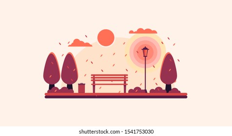 village or countryside or city park vector illustration, wooden bench in square, lamp and tree, summer/autumn/winter/spring/fall recreation, beautiful park scene