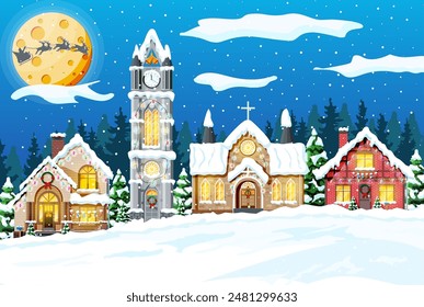 Village Covered Snow. Building in Holiday Ornament. Christmas Landscape, Tree, Forest Santa Sleigh Reindeers. New Year Decoration. Merry Christmas Holiday Xmas Celebration. Vector illustration