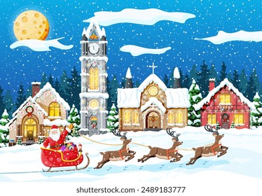 Village Covered Snow. Building in Holiday Ornament. Christmas Landscape, Tree, Forest Santa Sleigh Reindeers. New Year Decoration. Merry Christmas Holiday Xmas Celebration. Vector illustration