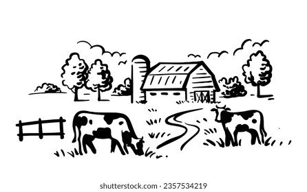 Village cows with barn sketch. Rural landscape countryside.