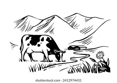 Village cows sketch. Rural landscape countryside.