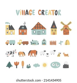 Village creator with houses, cars, animals, trees, mill, greenhouse and etc. Can be used for kids rooms, t-shirt prints, cards, games, and frames. Vector set with hand-drawn elements.