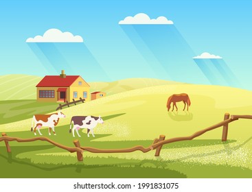 Village dairy farm with cows, rural ranch countryside summer landscape vector illustration. Cartoon cow and horses animals, farmland cattle grazing on summer meadow field next to farmhouse background