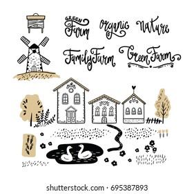 Village design elements for  family farm, organic product, healthy food labels and logos