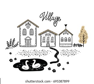 Village design elements for  family farm, organic product, healthy food labels and logos