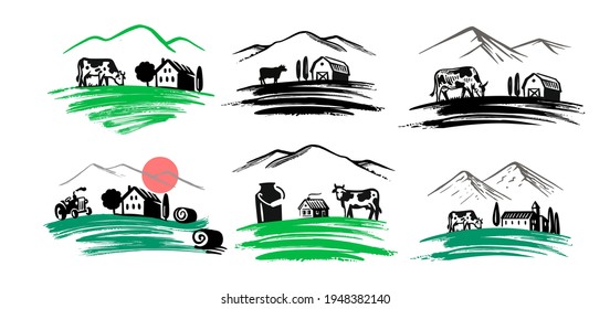 Village emblem. Farmer signs for products. Country with brush stroke.