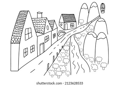 Village in europe vector illustration sketch doodle hand drawn with black lines isolated on white background for coloring page.