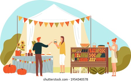 Village fair, big harvest, joyful woman farmer sells her harvest, design cartoon style vector illustration, isolated on white.