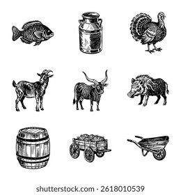Village Farm Animals Vintage Style Illustrations 

