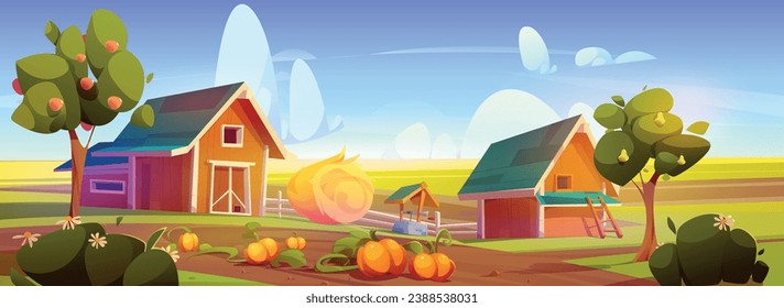 Village farm with barn and haystack. Vector cartoon illustration of rural landscape, green field under sunny sky, pumpkin harvest in vegetable garden, pears and apples on fruit trees, game background