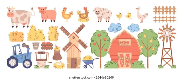 Village farm buildings, agricultural machinery vehicles, harvest and animals design elements set