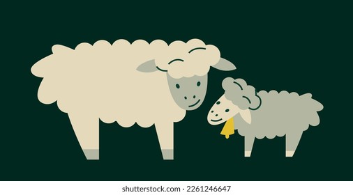 Village farm concept. Picture with cute fluffy lambs or rams. Large or small cattle. Agriculture and milk or meat production. Design element for printing. Cartoon gradient vector illustration