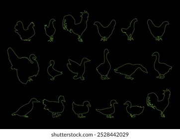 Ilustración de silueta de contorno de línea de Vector de colección de aves de granja de aldea aislada. Aves de corral domésticas: pavo, ganso, gallo, pollo, gallina, pato, ganso chino. Animales de rancho alimentos orgánicos.