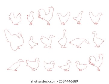 Ilustración de silueta de contorno de línea de Vector de colección de aves de granja de aldea aislada. Aves de corral domésticas: pavo, ganso, gallo, pollo, gallina, pato, ganso chino. Animales de rancho alimentos orgánicos.