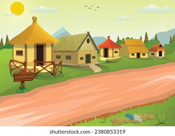 Village farm house old rural cottages, farmer house evening sky green village hut