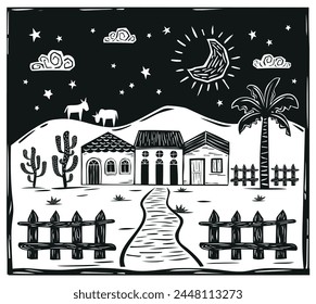 Village of farm houses in the interior of the country. Woodcut in the cordel style of northeastern Brazil. Vector illustration