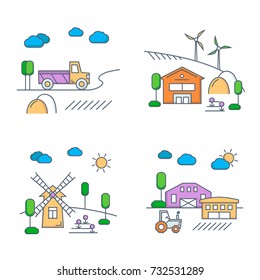 Village and Farm Lands in Linear Style. Vector Set of Four Country Landscape Illustrations. Isolated graphic elements: tree, farm, barn, mill, tractor, truck and haystack.