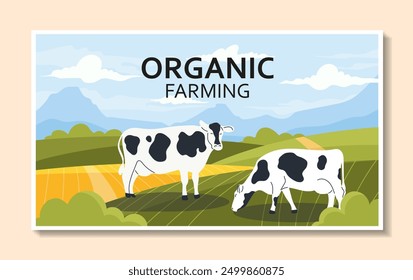 Village and farm poster. Cows graze in meadow. Agriculture in rural settlment. Natral and organic products. Cover or banner for website. Flat vector illustration isolated on beige background