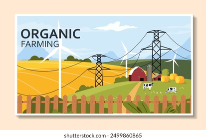 Afiche de aldea y granja. Molinos de viento cerca de granero con vacas. Agricultura en los asentamientos rurales. Energía verde y estilo de vida sostenible. Ilustración vectorial plana aislada sobre fondo beige