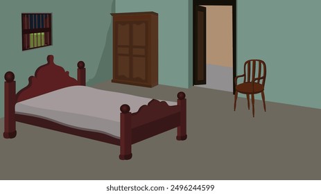 VIllage farmer house bedroom interior design background for cartoon 2d animation