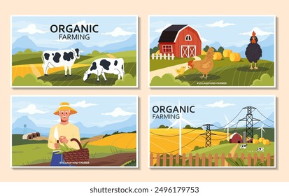 Conjunto de carteles de aldeas y granjas. Vacas en el césped, gallos en el campo, anciano con una canasta de verduras. Agricultura y ganadería. Colección plana del Vector aislada en el fondo blanco