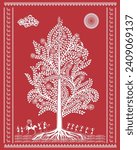 Village Festivities: Warli Painting with Tree, Everyday Life, and Joyous Celebrations Including Village Marriage. Warli Painting, Rural Life Art, Village Celebration Illustration.