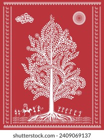 Village Festivities: Warli Painting with Tree, Everyday Life, and Joyous Celebrations Including Village Marriage. Warli Painting, Rural Life Art, Village Celebration Illustration.