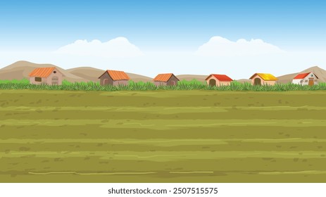 village field with house and mountains.