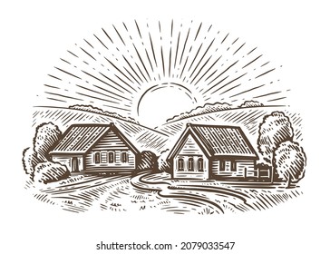 Village with fields and sun. Farm, agriculture sketch illustration vector