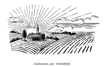 Village and fields   sun  Rural landscape and small farm   trees  Hand drawn engraving style