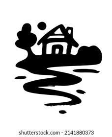 Village with fields and sun. Rural landscape with small farm and trees. Hand drawn engraving style. Doodle logo drawing graphic design.