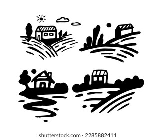 Village with fields and sun. Rural landscape with small farm and trees. Hand drawn engraving style. Doodle hand drawn logo collection, graphic design.