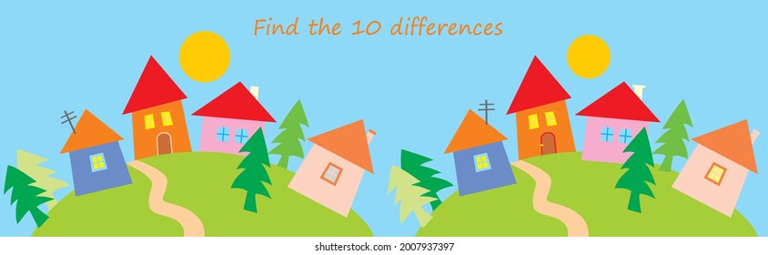 Village, find 10 differences, vector illustration, game