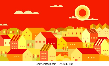 village  flat landscape. Flat design rural landscape illustration with a country house, arable land, hills and mountains.  village scene country side view