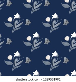 Village flowers ornament seamless pattern. Doodle botanic forest bouquet with white buds. Nature simple pattern. Designed for fabric design, textile print, wrapping, cover. Vector illustration.